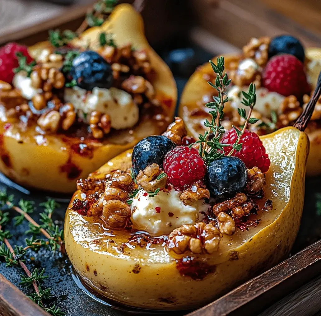 Close-up of baked pears with berries and honey drizzled on top.