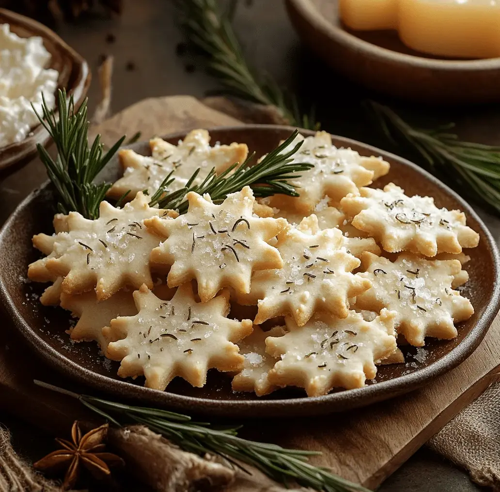 Rosemary-Parmesan Snowflake Cookies arranged on a platter
