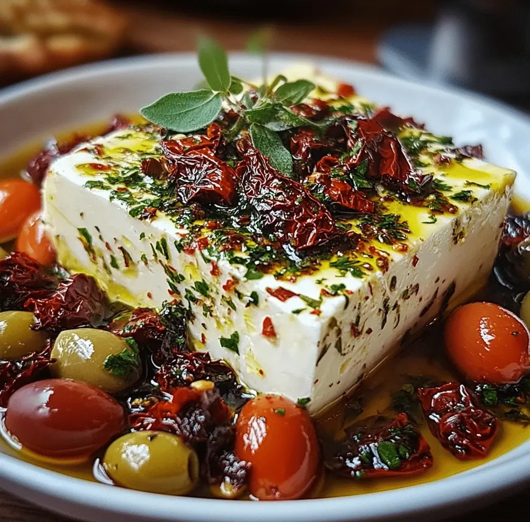 Close-up of Baked Feta dip with bread on the side