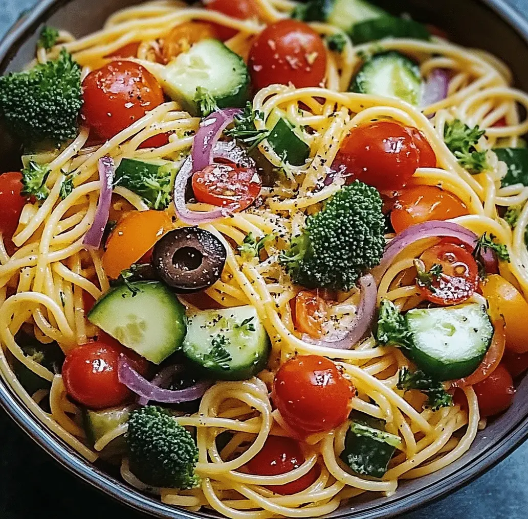 Fresh vegetables and pasta being tossed together in a large bowl for a vibrant pasta salad.