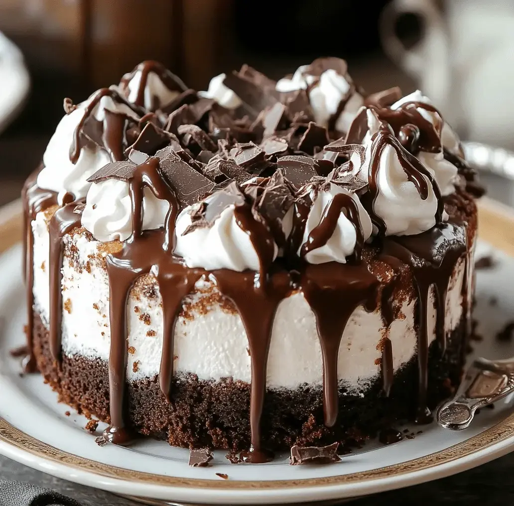 Rich chocolate poke cake with marshmallow topping being served on a plate.