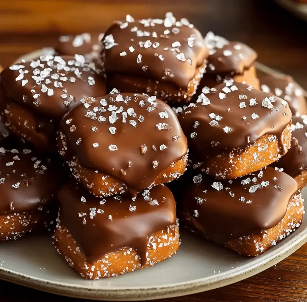 A close-up of several No Bake Salted Caramel Pretzel Bites arranged artfully on a white surface, showcasing the glossy caramel and sprinkled sea salt.