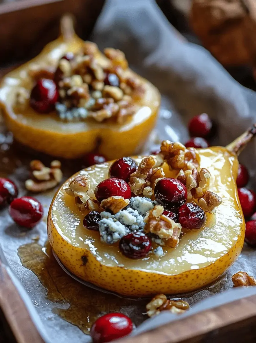 Baked pears filled with cranberries, walnuts, and blue cheese, ready for the oven.