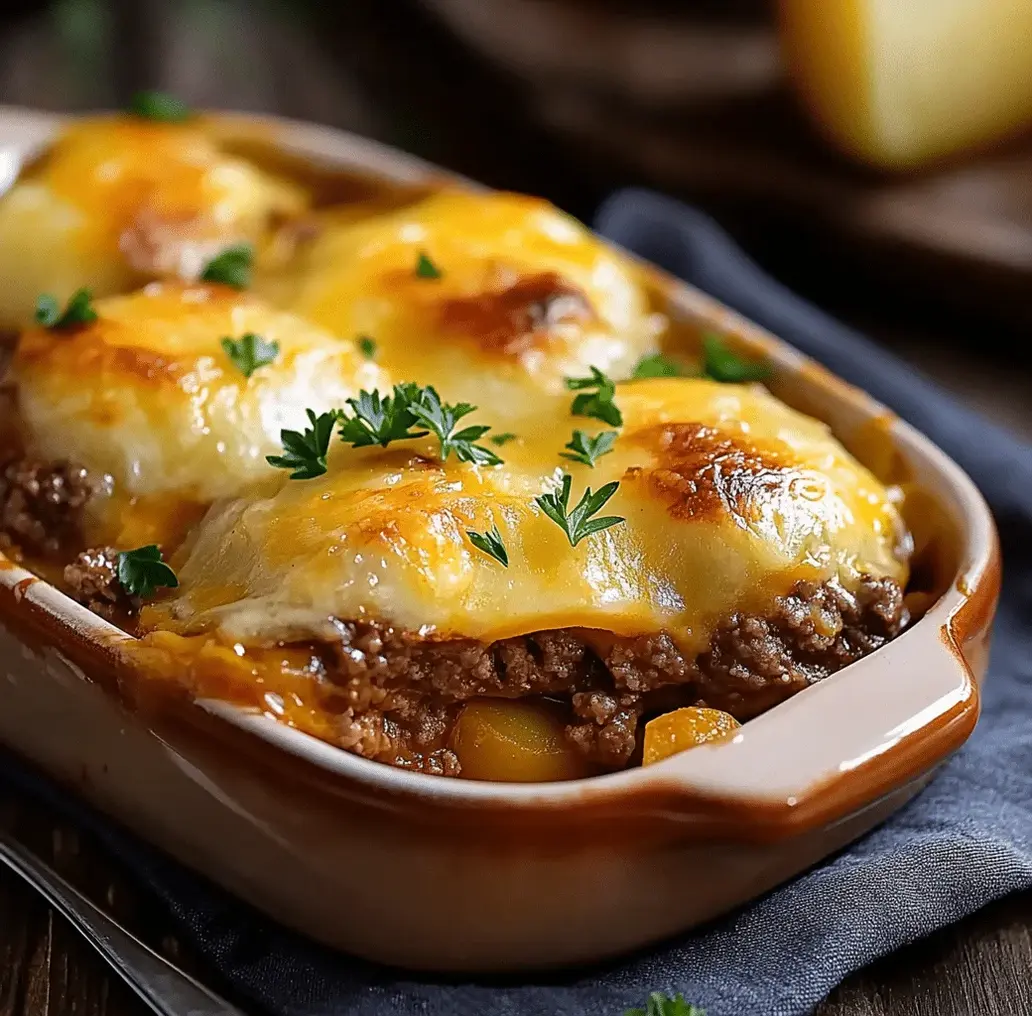 Cheesy Beef and Potato Casserole Delight - A serving dish with a fresh slice.