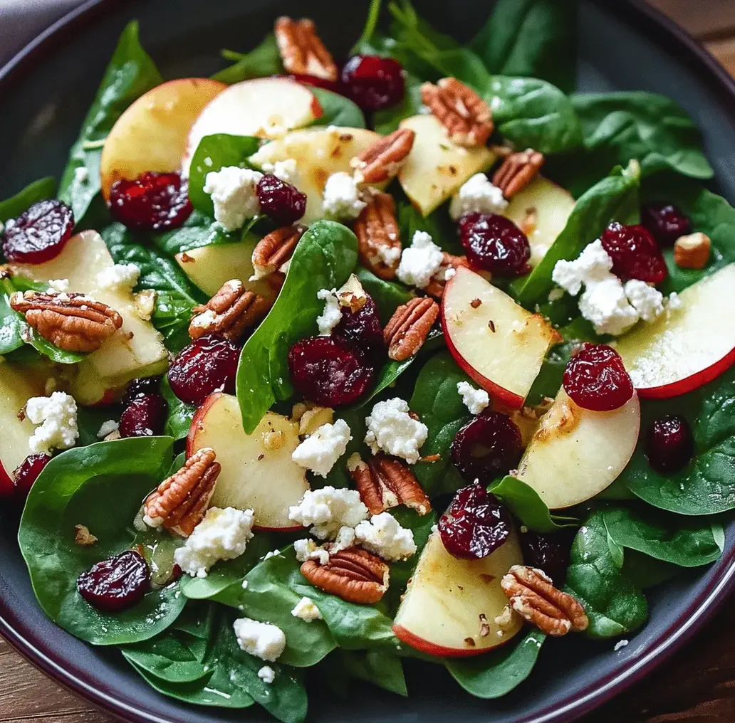 A beautifully arranged apple spinach salad with nuts and dressing, ready to be served.