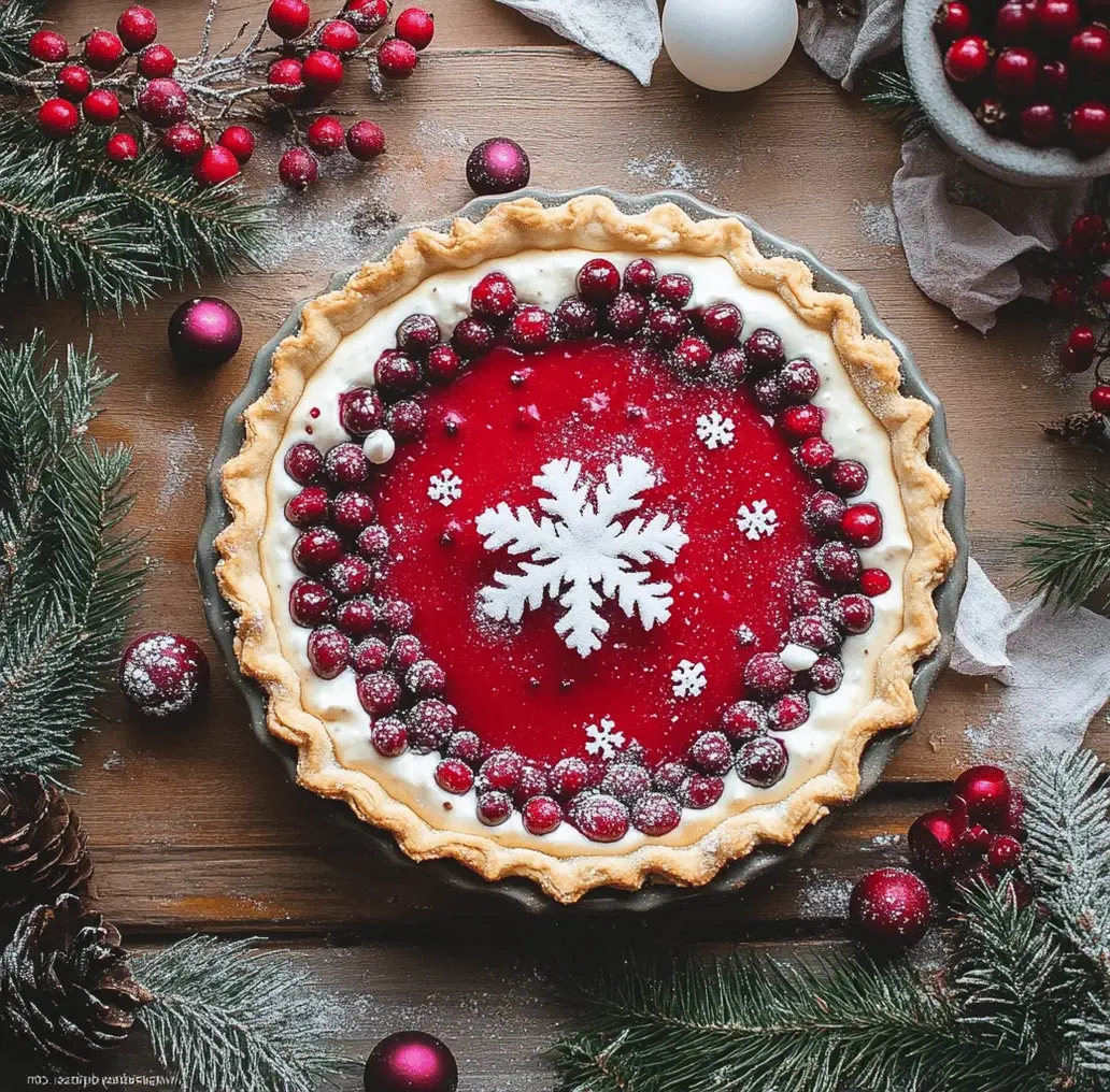 A whole Cranberry Custard Pie on a rustic wooden table, ready to be sliced, with a festive backdrop.