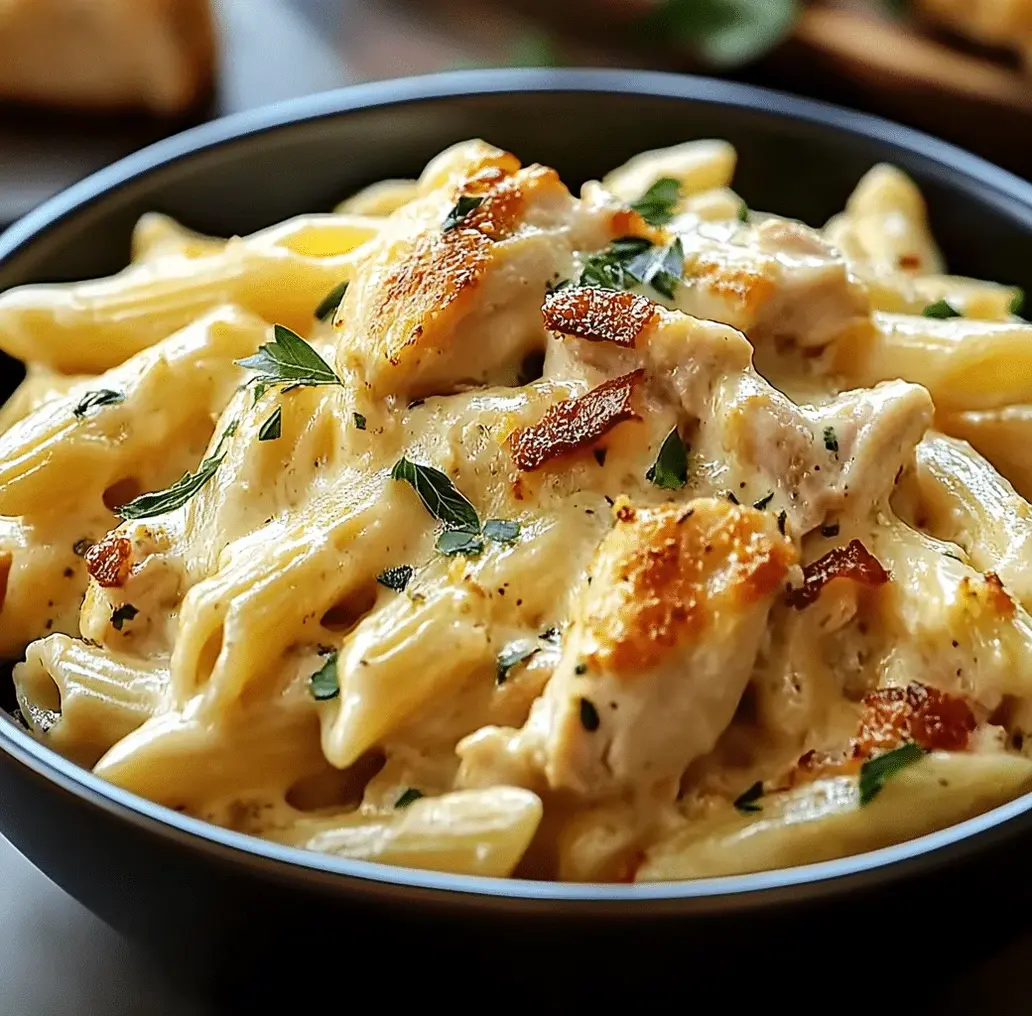 Close-up of creamy white cheddar chicken pasta in a bowl, garnished with parsley