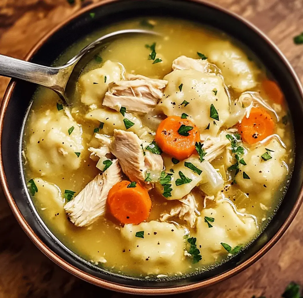 Close-up of fluffy homemade dumplings in chicken broth.