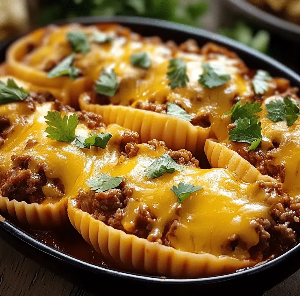 A pan of cheesy taco stuffed shells topped with melted cheese and a sprinkle of cilantro.