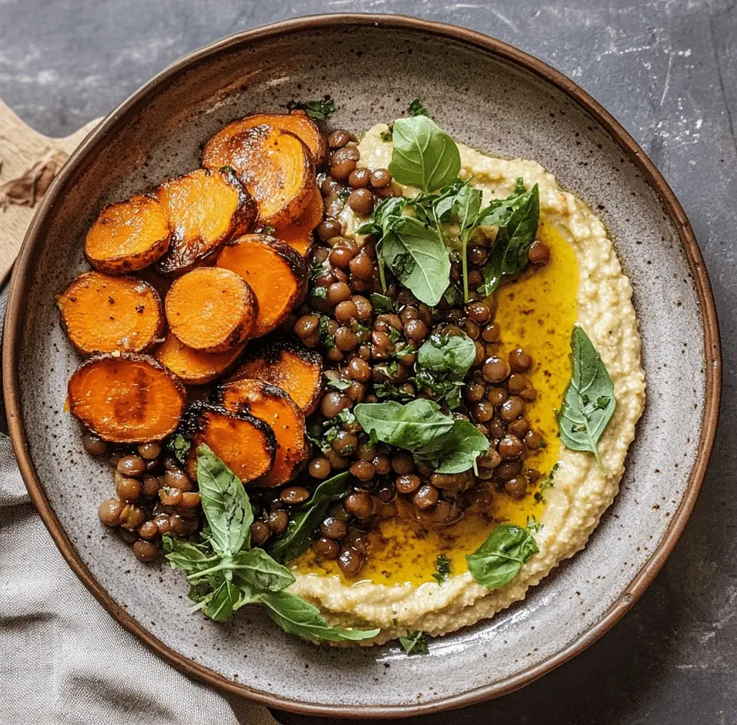 Roasted Carrots and Lentil Salad with Hummus