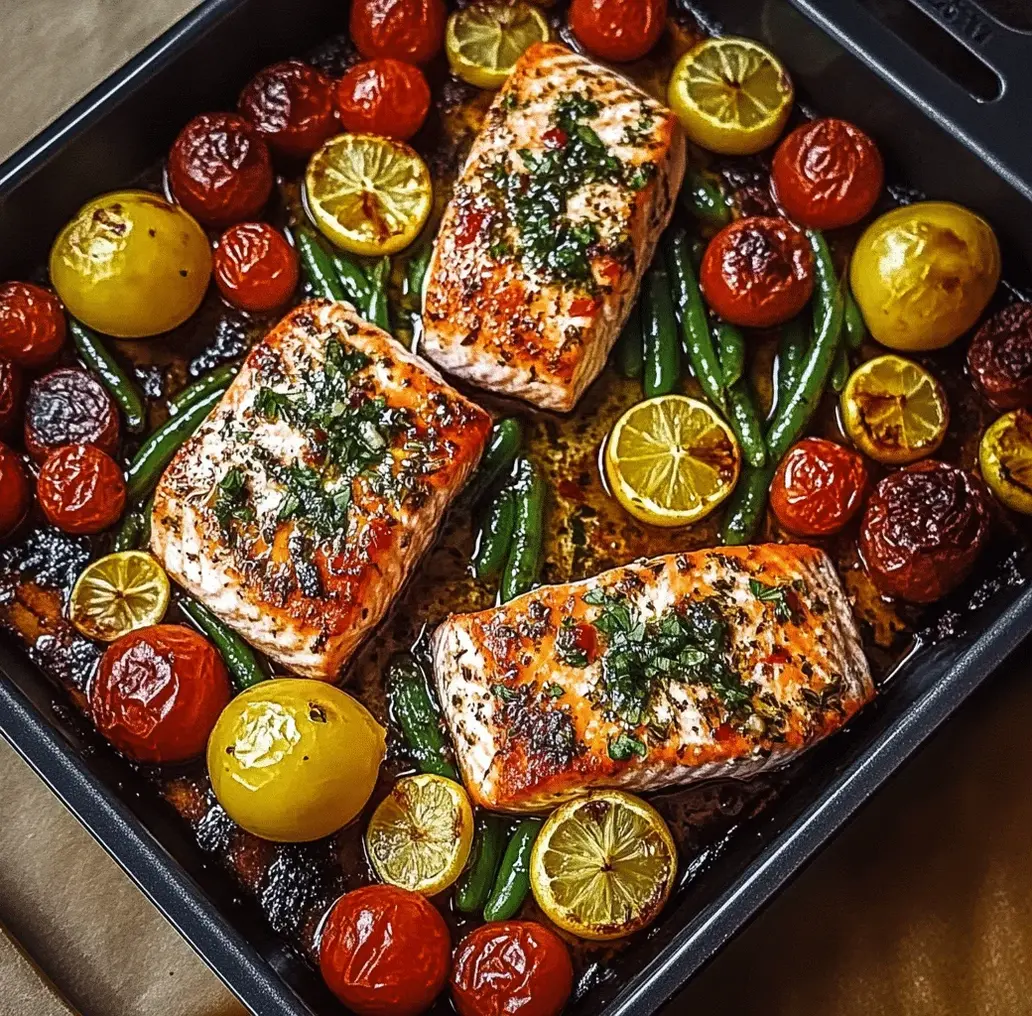 One-pan garlic herb salmon with roasted potatoes, cherry tomatoes, and green beans on a baking sheet.