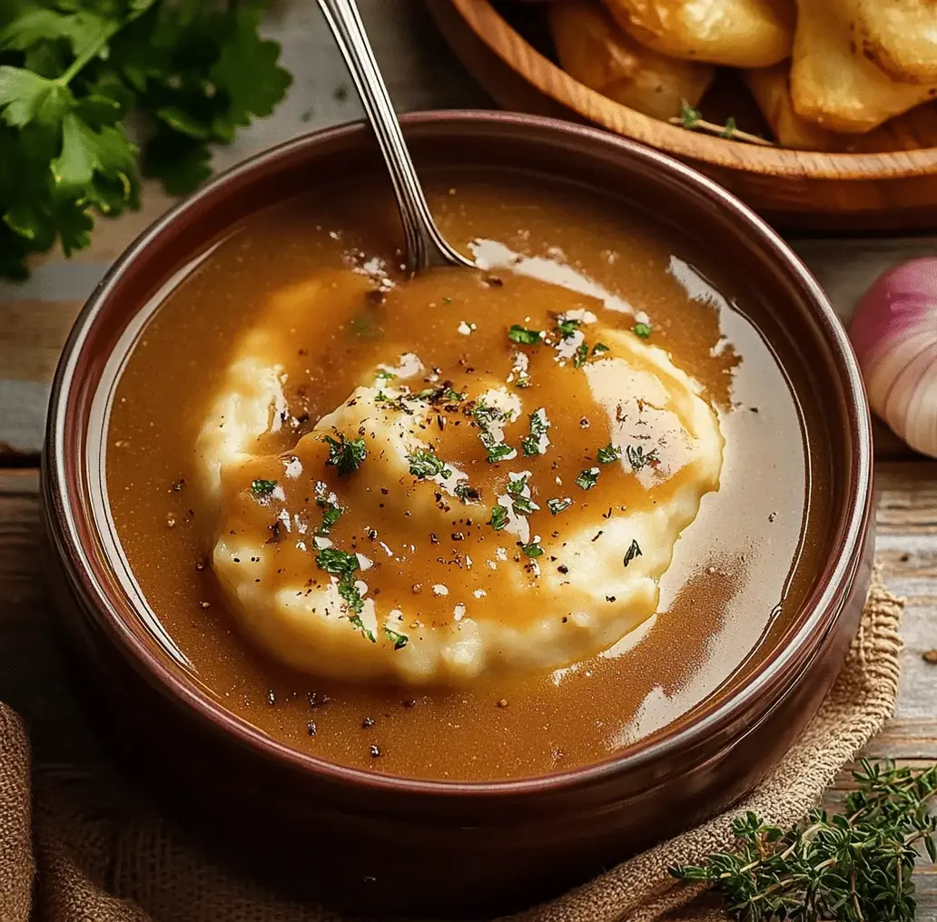 A close-up shot of rich, glossy turkey gravy being poured from a gravy boat onto a plate of mashed potatoes and turkey.
