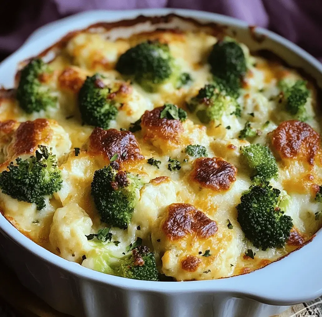 Keto Broccoli and Cauliflower Au Gratin with Sausage in a baking dish