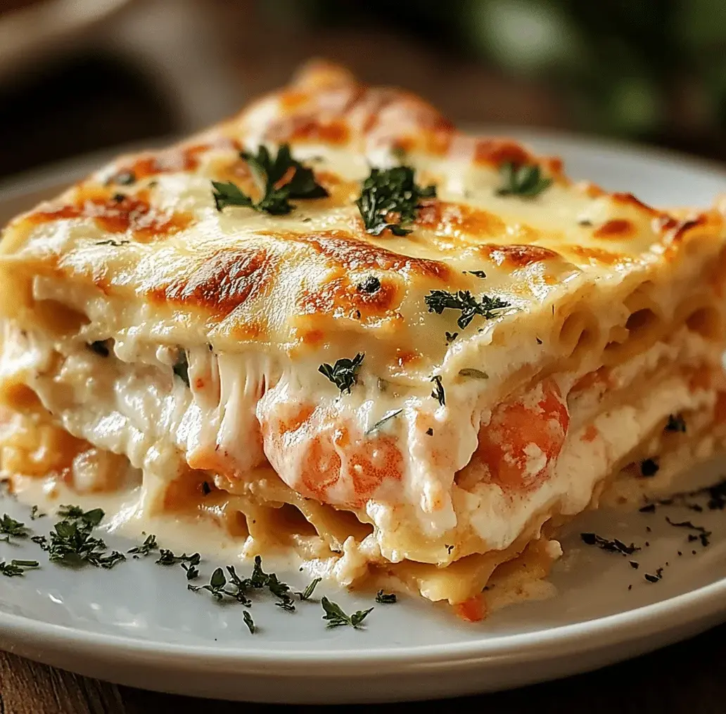 Delicious Creamy Shrimp Lasagna being assembled in a baking dish.