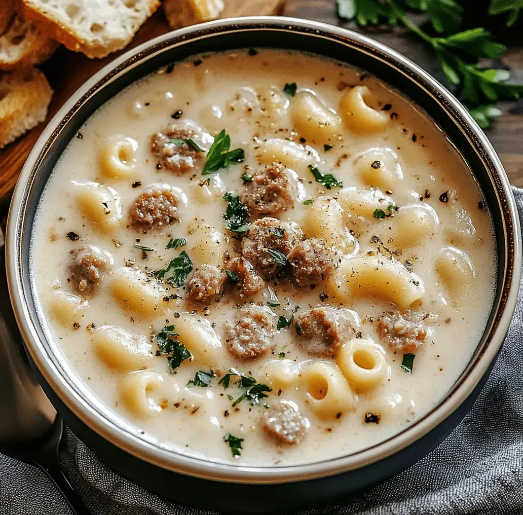 A bowl of creamy Parmesan Italian sausage ditalini soup garnished with parsley.