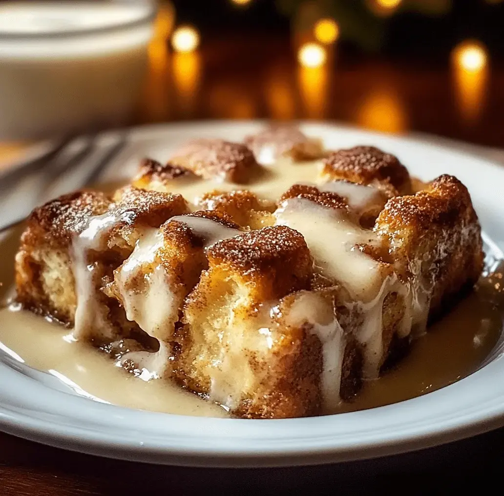 Close-up of Cinnamon Roll Bread Pudding with warm custard sauce being poured over it.