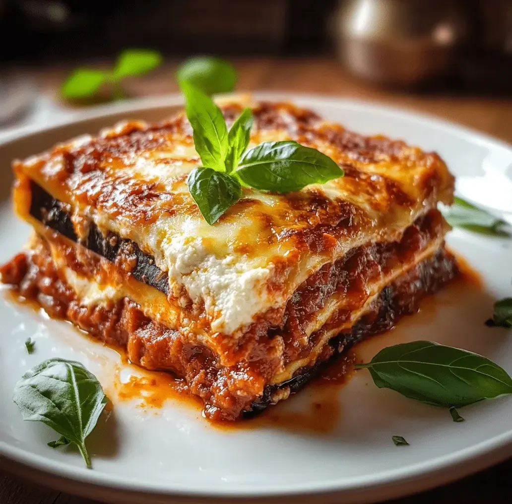 Deliciously baked eggplant lasagna with a golden-brown cheese topping.