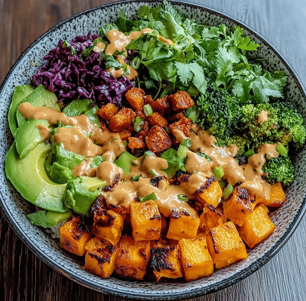 Close-up of the Thai Peanut Sweet Potato Buddha Bowl with sauce drizzled.