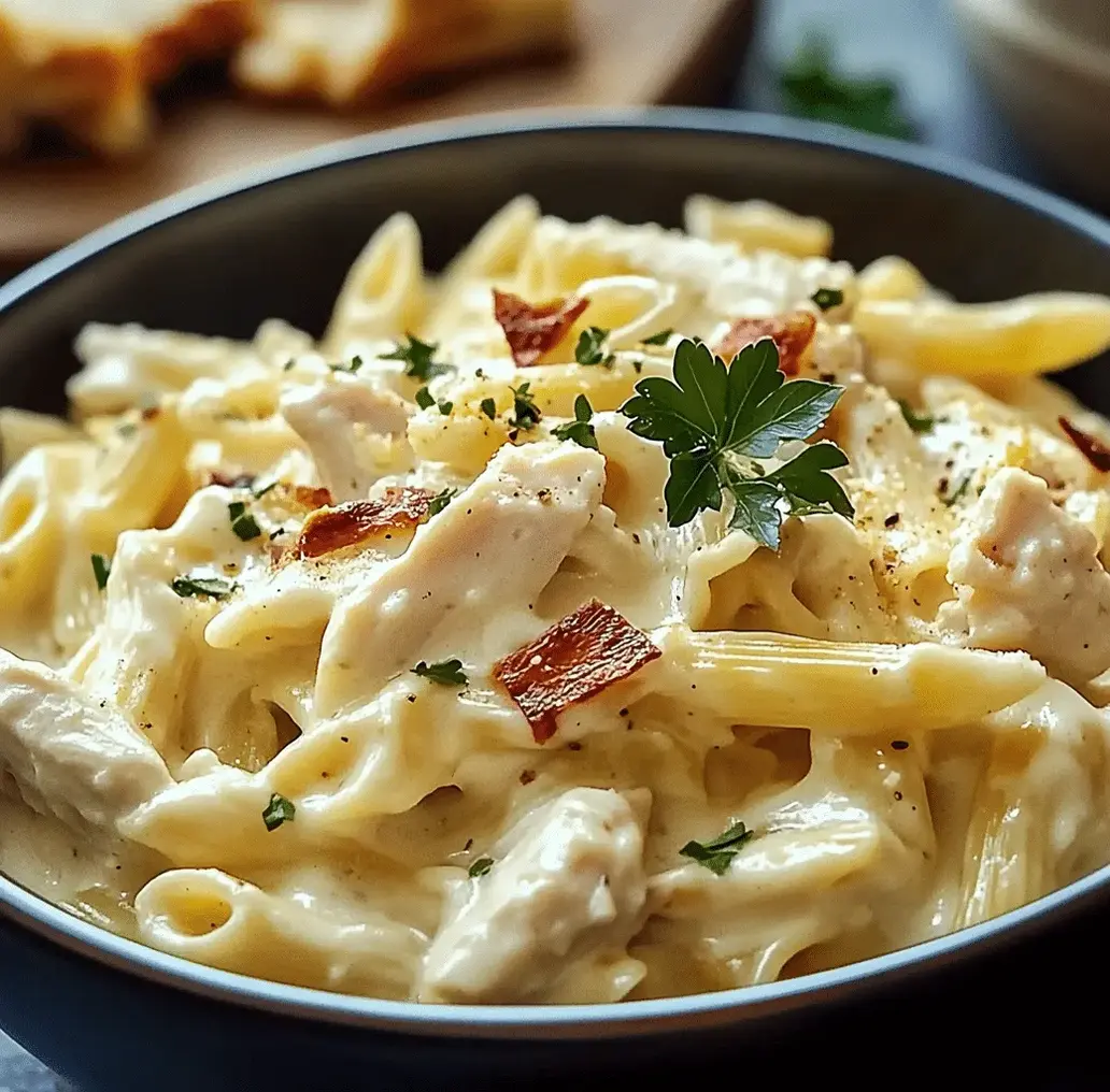 A serving spoon scooping creamy white cheddar chicken pasta from a skillet