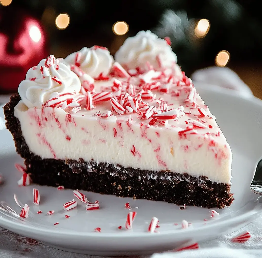 A close-up shot of a delicious candy cane pie, showcasing its creamy filling and crushed candy cane topping, ready for the holidays.