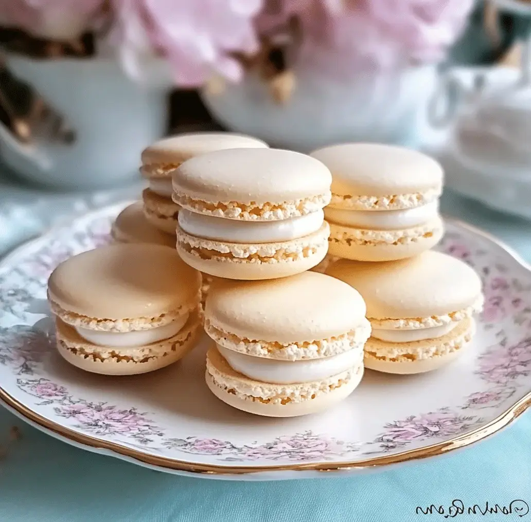A beautifully arranged plate of vanilla macarons with smooth shells and a creamy filling.