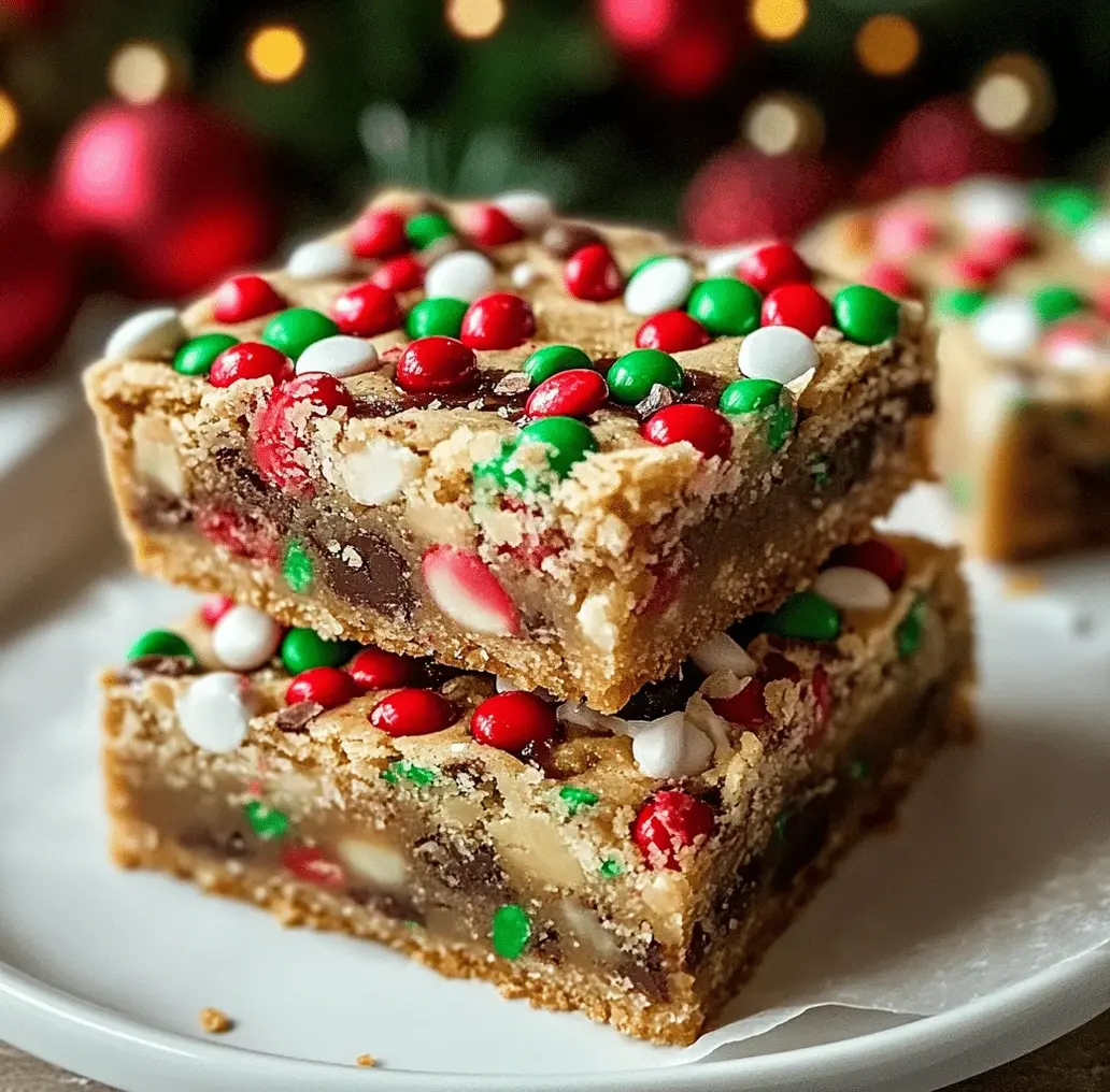 Festive Christmas cookie bars with colorful sprinkles and chocolate chips in a baking pan.