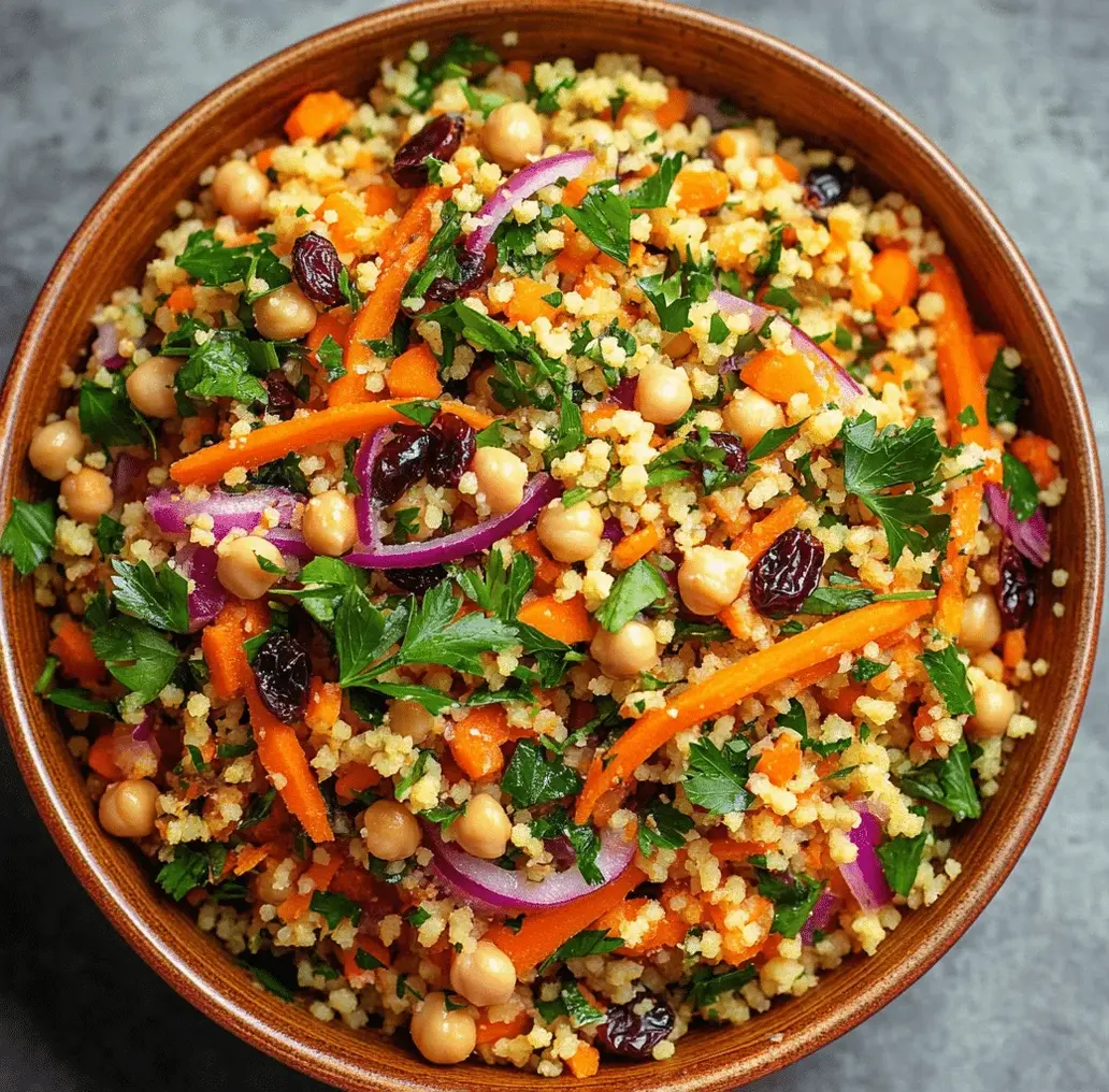 Moroccan-Spiced Chickpea and Carrot Couscous Salad in a serving bowl