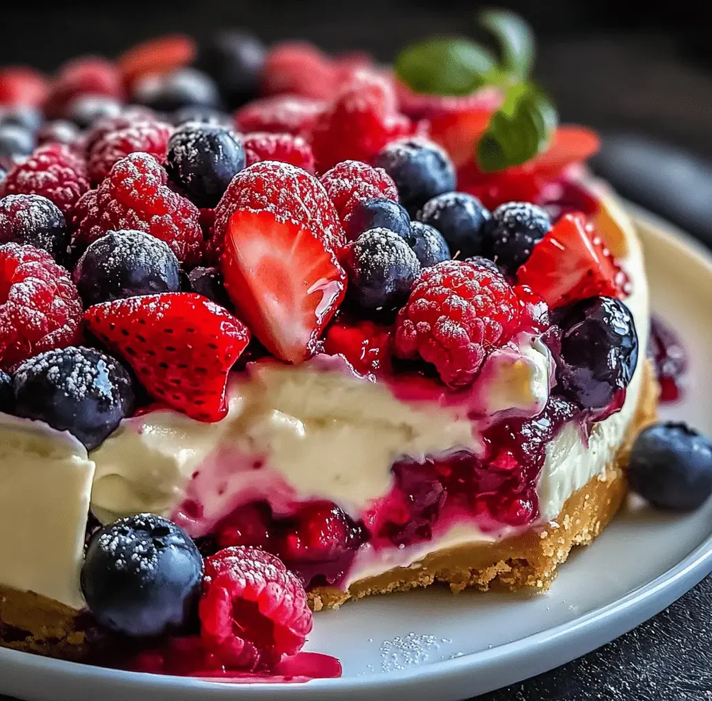 Close-up of a slice of berry cheesecake, showing its creamy texture and berry swirl.