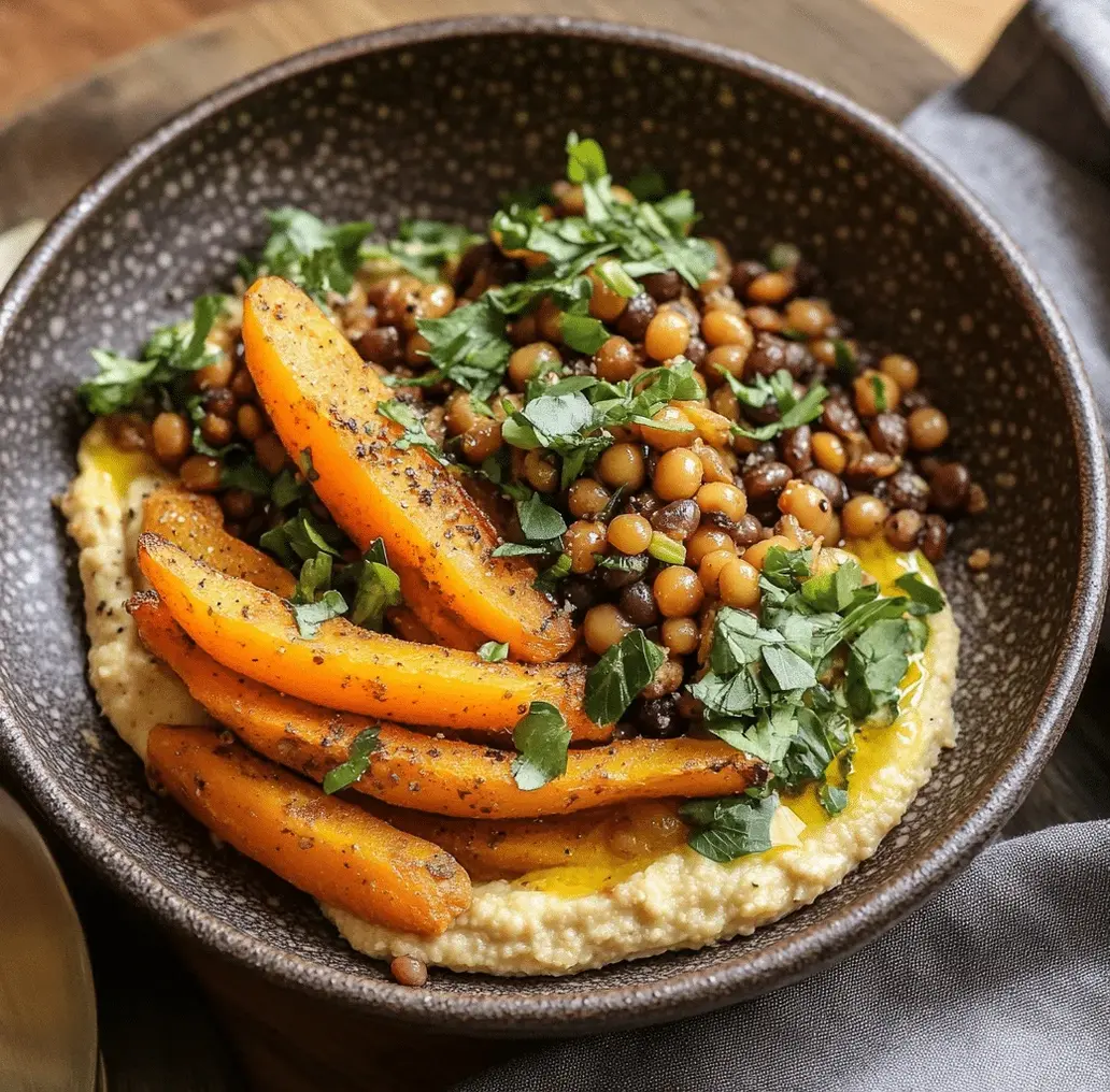 Close-up of Roasted Carrots and Lentil Salad with Hummus
