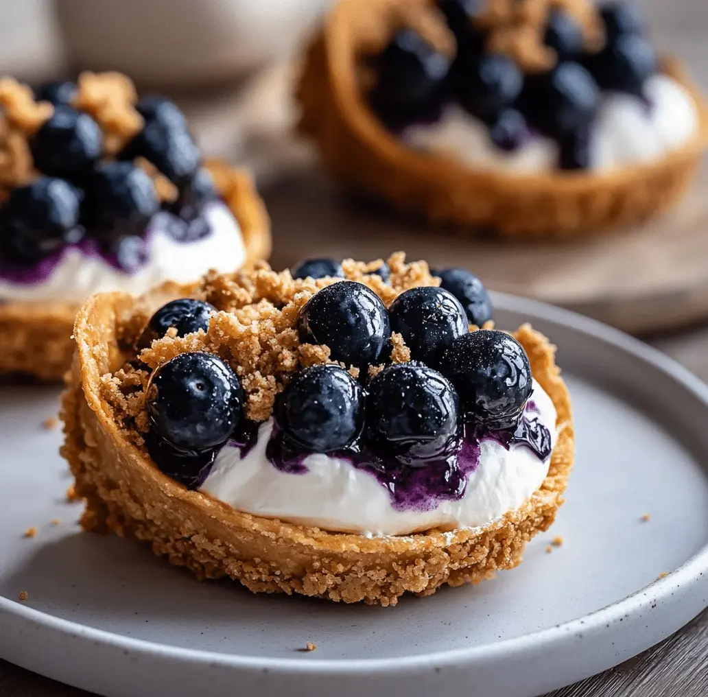 Close-up of a blueberry cheesecake taco shell filled and topped with compote.