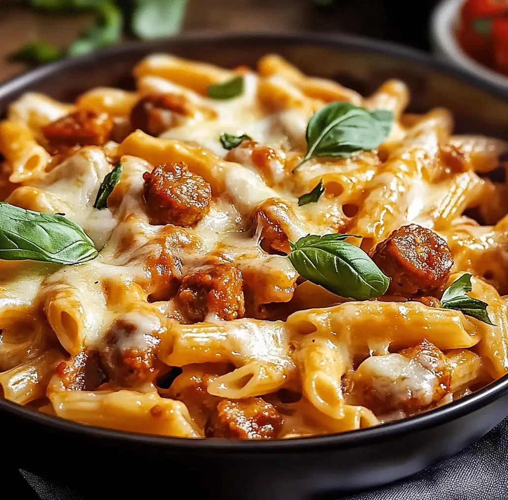 Close-up of One Pot Cheesy Sausage Pasta in a serving bowl garnished with parsley.