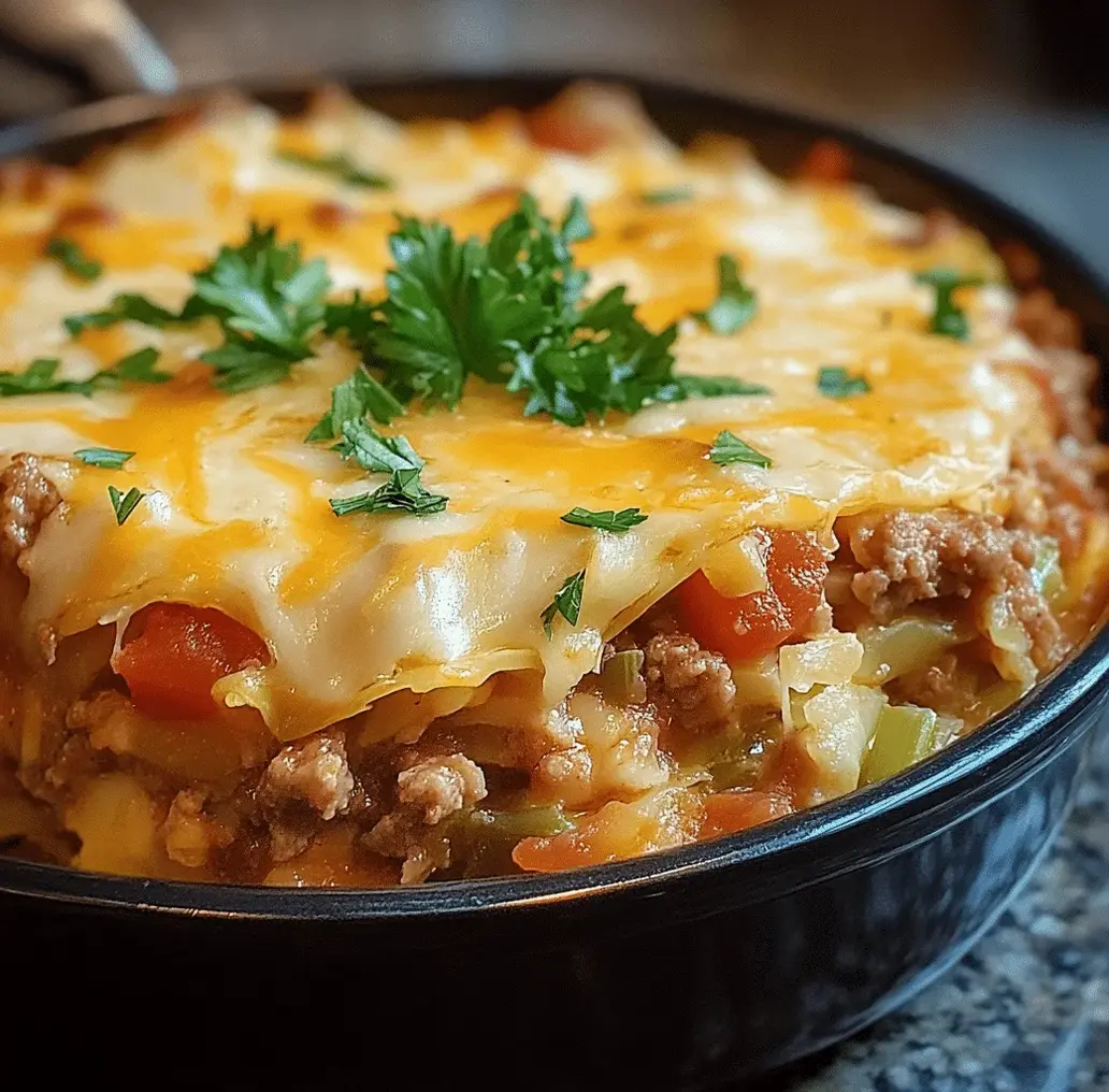 A close-up shot of a forkful of stuffed cabbage roll casserole, showing the layers and melted cheese.
