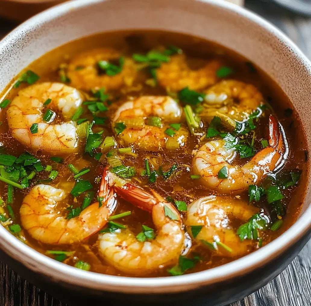 Bowl of Miso-Ginger Lemon Shrimp Detox Broth with shrimp and herbs.