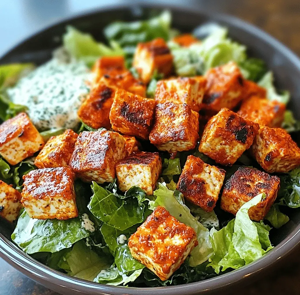 Crispy buffalo tofu pieces arranged on a serving platter.