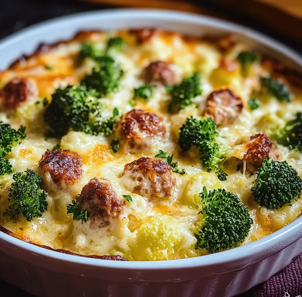Close-up of Keto Broccoli and Cauliflower Au Gratin with sausage topping