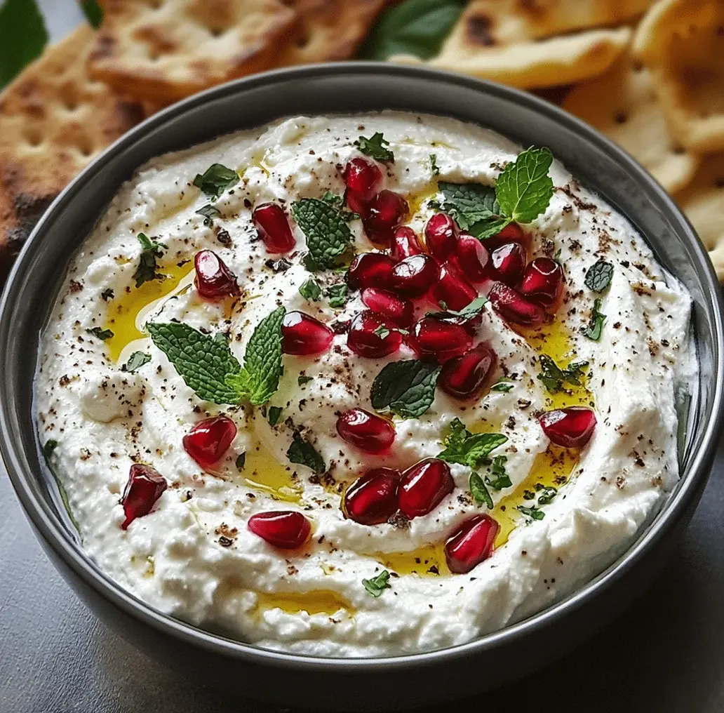 A close-up shot of Pomegranate Feta Cheese Dip in a rustic bowl, garnished with fresh pomegranate seeds and mint.