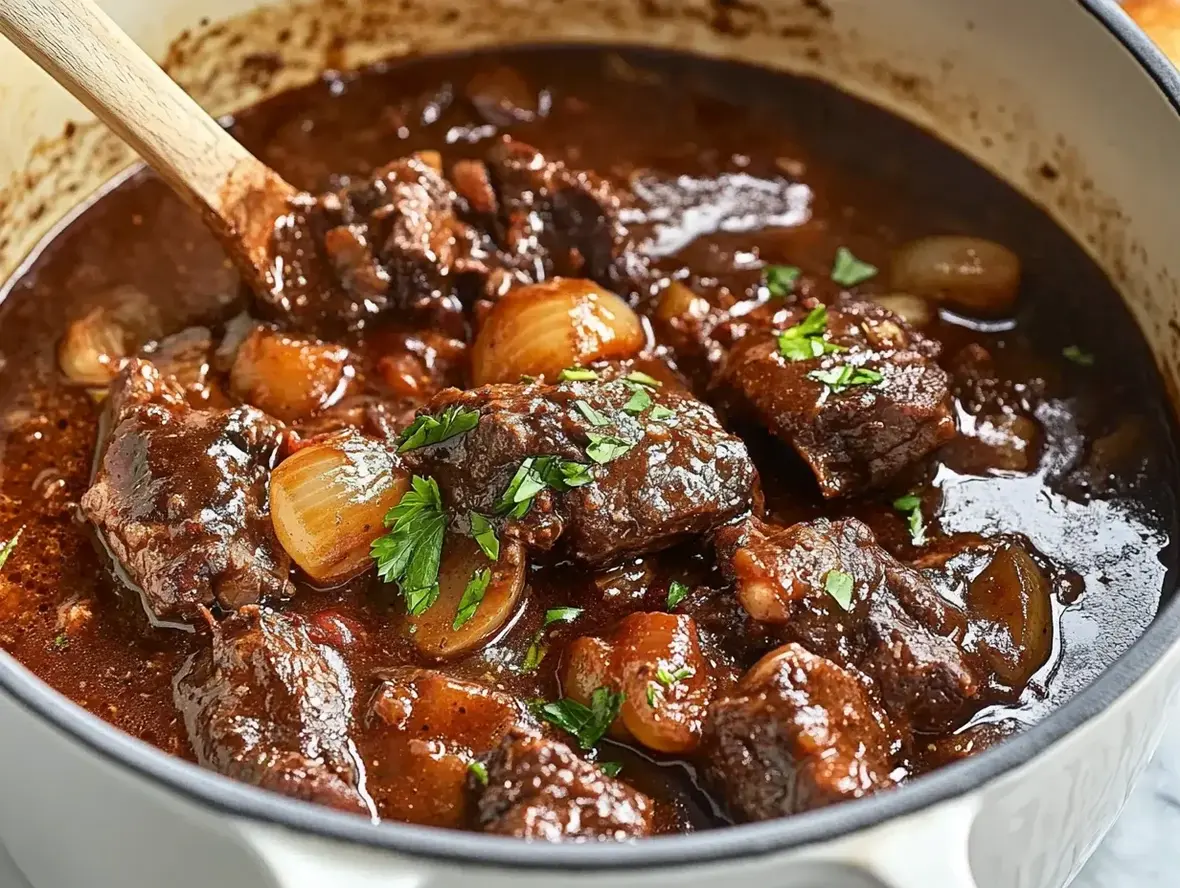 Beef Bourguignon in a pot with vegetables and herbs