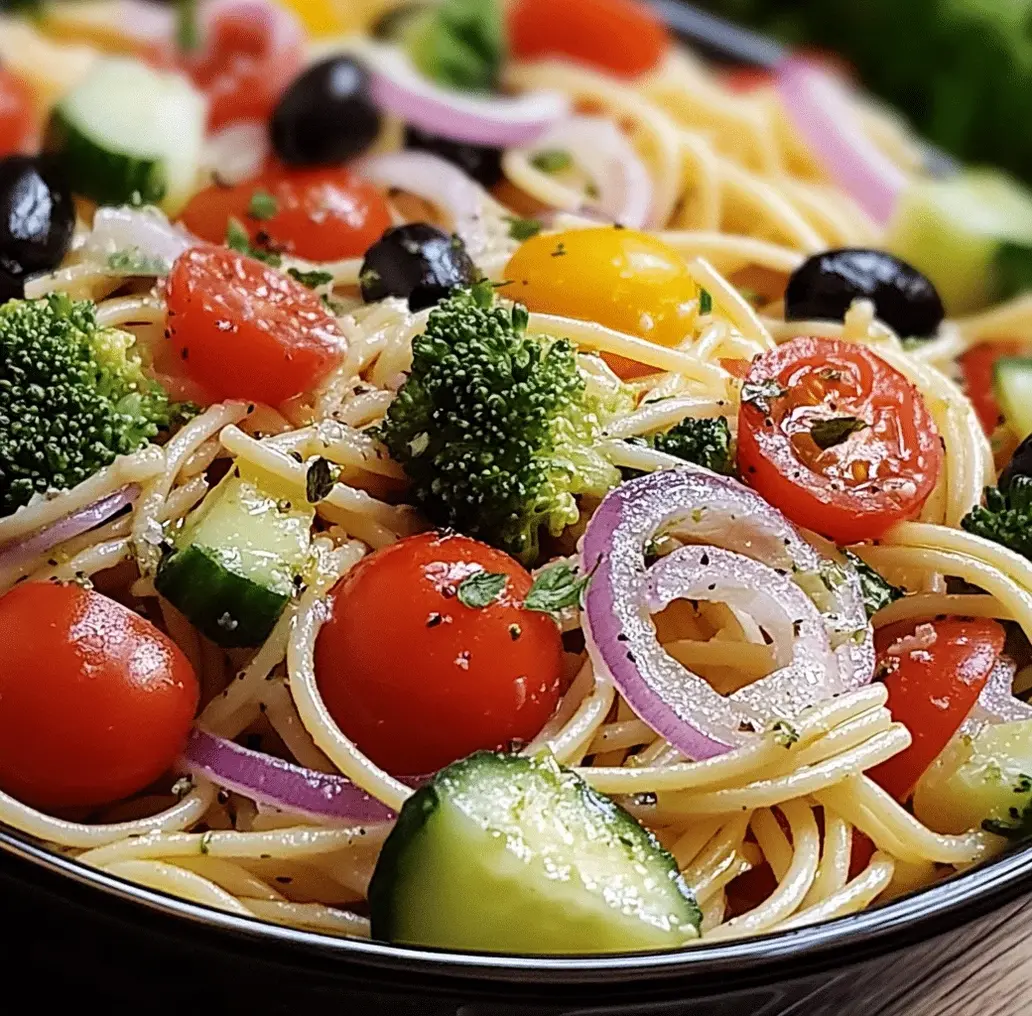 A serving of easy pasta salad with fresh vegetables in a bowl, garnished with fresh parsley.