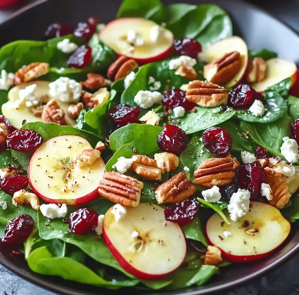 Close-up of the ingredients for apple spinach salad, including fresh spinach, sliced apples, and toasted walnuts.