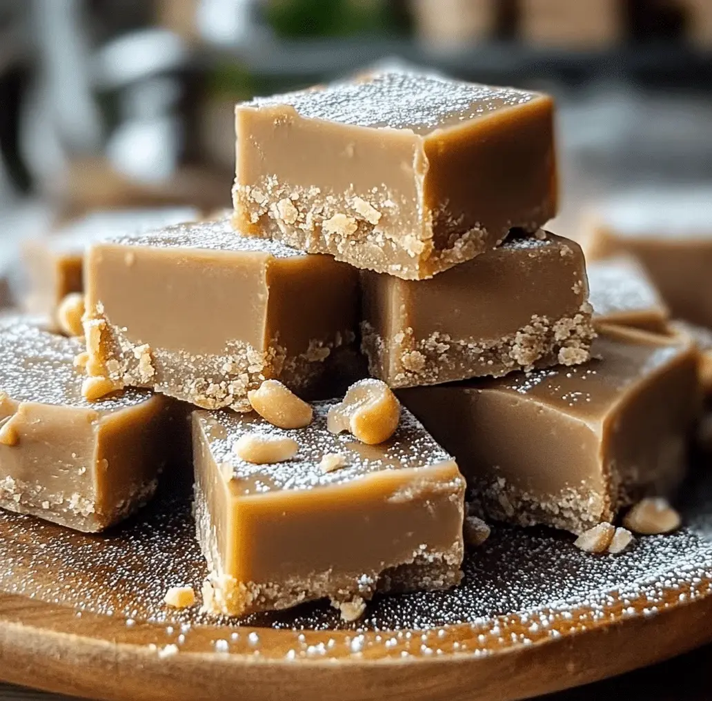 Close-up view of peanut butter fudge bites arranged artfully on a plate.