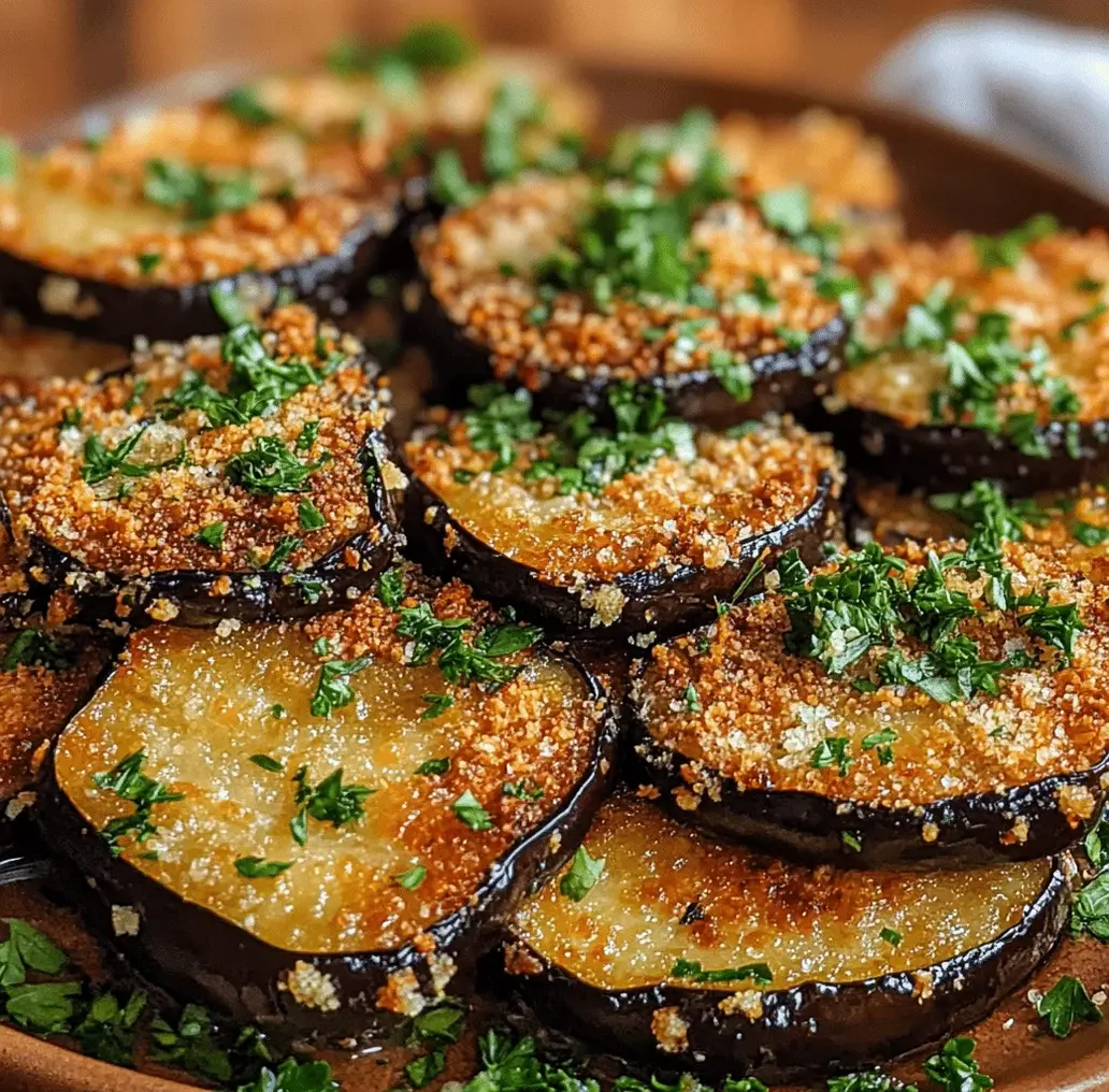 Garlic herb crusted eggplant slices on a baking sheet