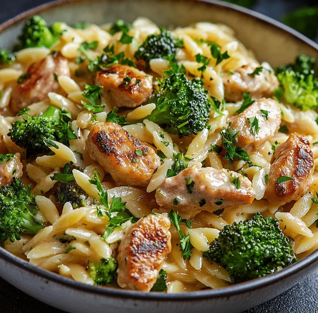 Close-up shot of chicken sausage orzo in a bowl, garnished with parsley and cheese.