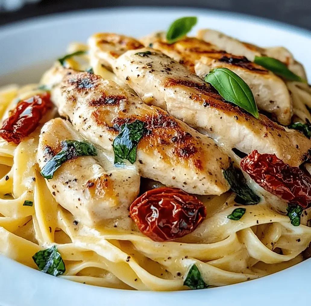 Fettuccine Alfredo with chicken and sundried tomatoes in a creamy sauce, garnished with parsley