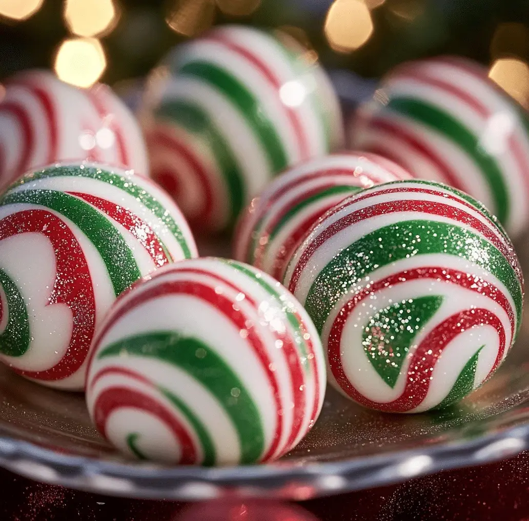 A close-up of peppermint balls, some plain and some dusted with powdered sugar, arranged festively.