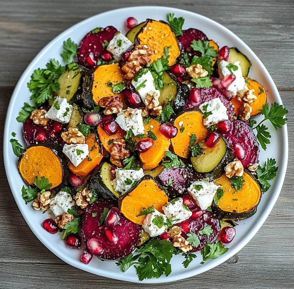 Festive Roasted Veggie Salad with Feta & Pomegranate - Roasted vegetables on a baking sheet