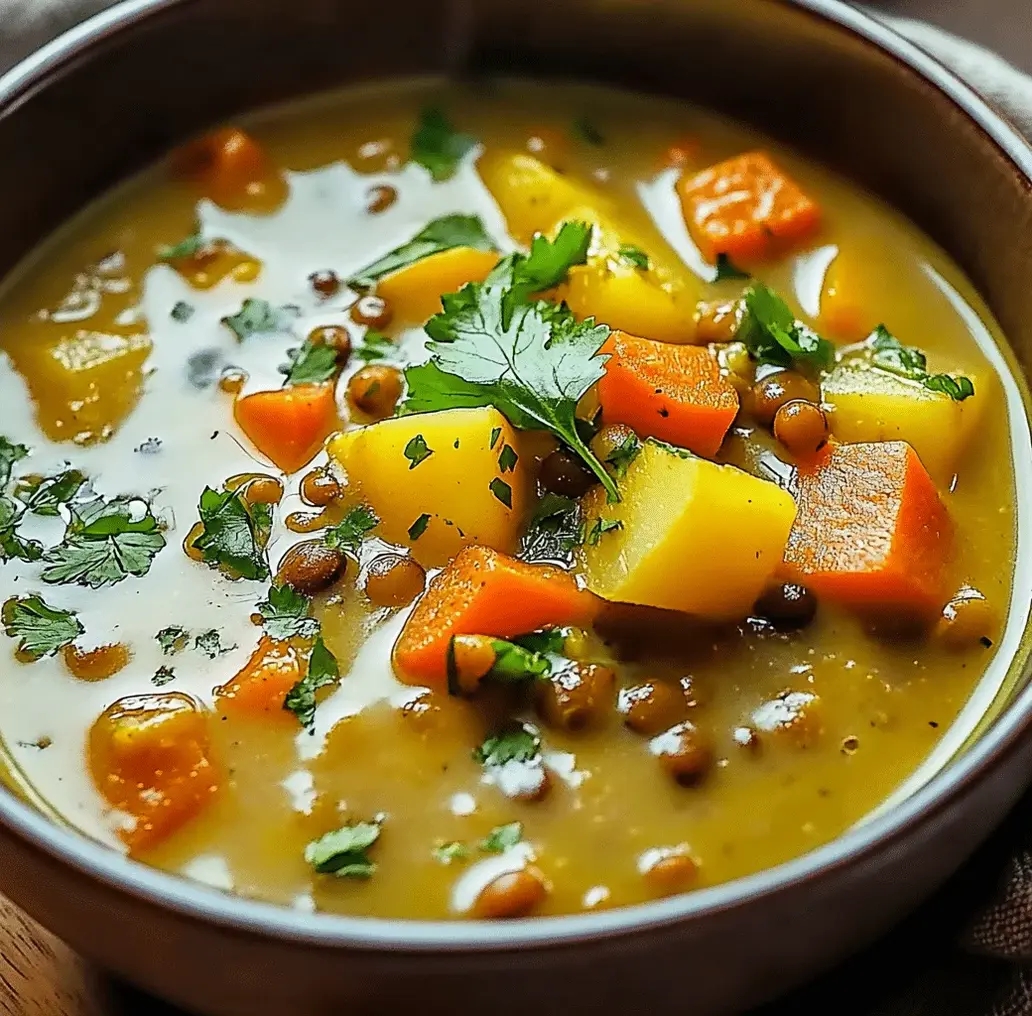 Hearty lentil and potato soup in a bowl with fresh herbs.