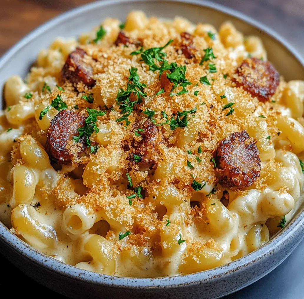 A glorious dish of Cajun Mac Cheese with Andouille Sausage, bubbling and golden brown, with visible chunks of sausage and a creamy, orange-hued sauce.