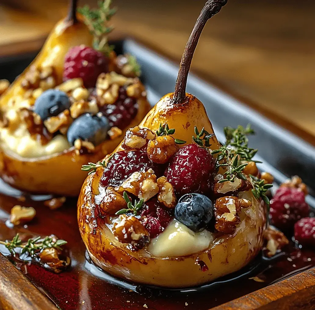 Baked pears with berries, honey, and blue cheese on a plate.