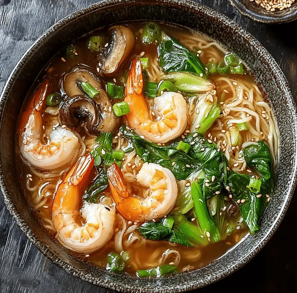 A steaming bowl of Ginger Shrimp & Mushroom Noodle Soup, garnished with fresh cilantro and scallions.