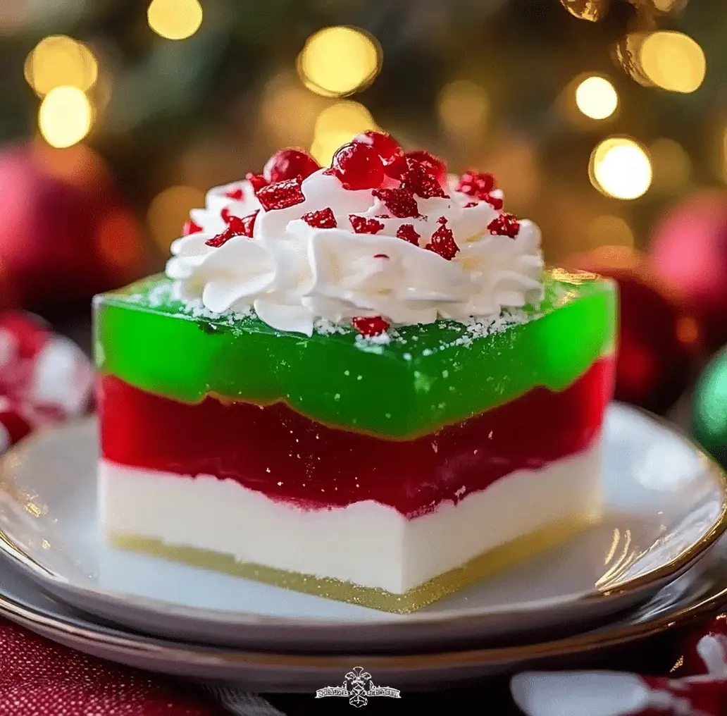 Close-up of a layered Christmas jello dessert, showcasing the distinct red and white layers.